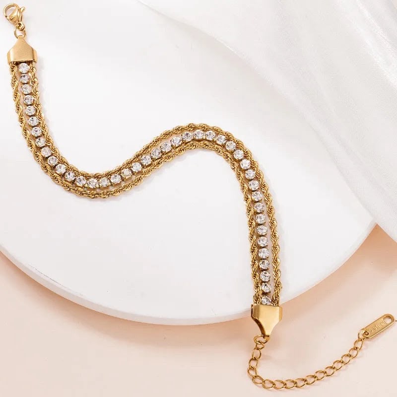 Rhinestone Rope Chain Bracelet - Gold Crystal