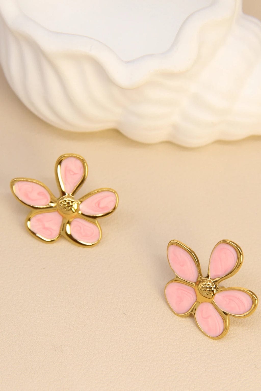 Cherry Blossom Pink Stud Earrings - Gold Floral
