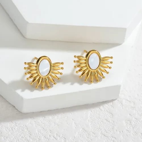 Sunburst Gold Stud Earrings with Pearl Center