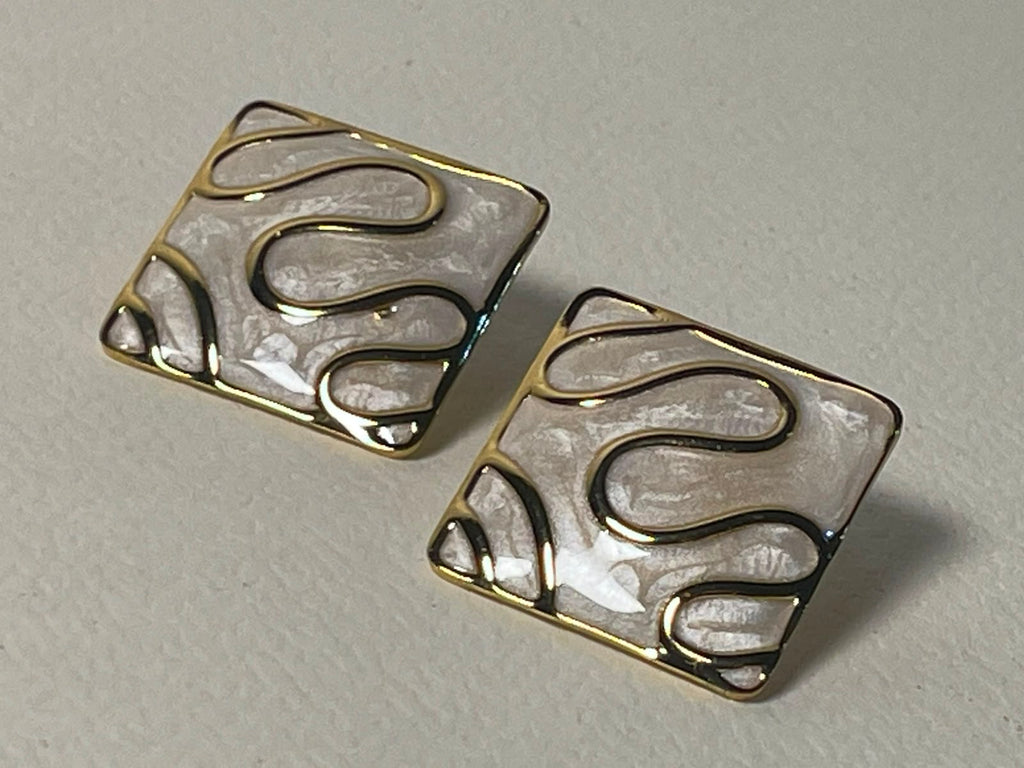 Square Marble Effect Gold Stud Earrings