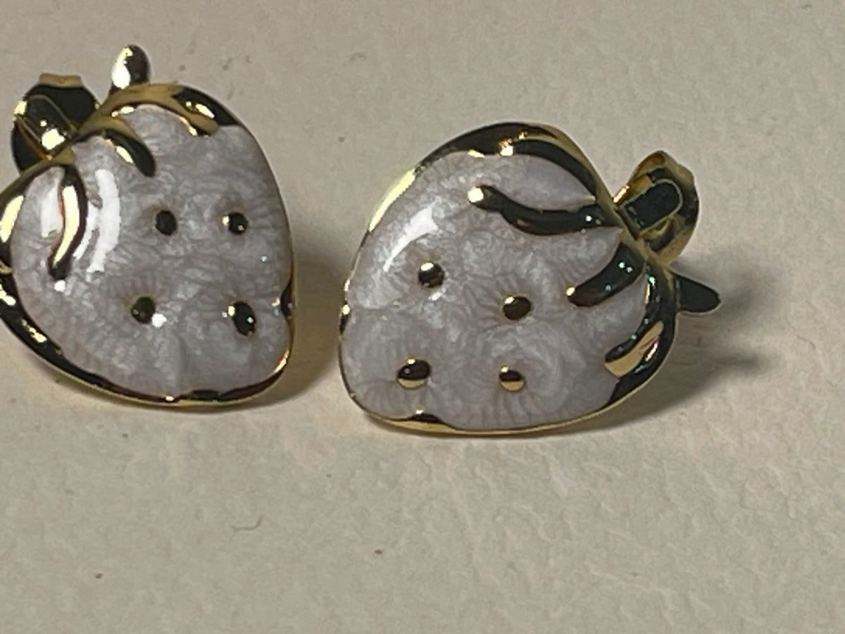 Gold Strawberry Stud Earrings - White Enamel