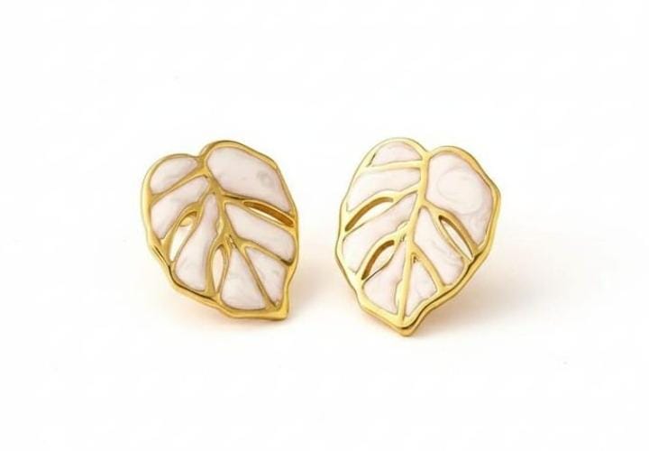Monstera Gold Stud Earrings - White Enamel Leaf