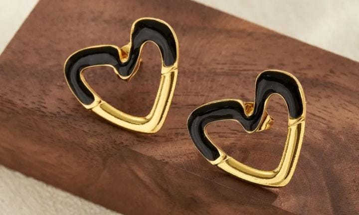 Vintage Gold Heart Stud Earrings - Black Enamel