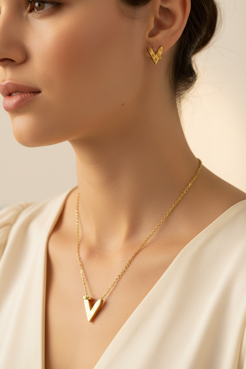 Gold V-Arrow Set - Lifestyle On Neck