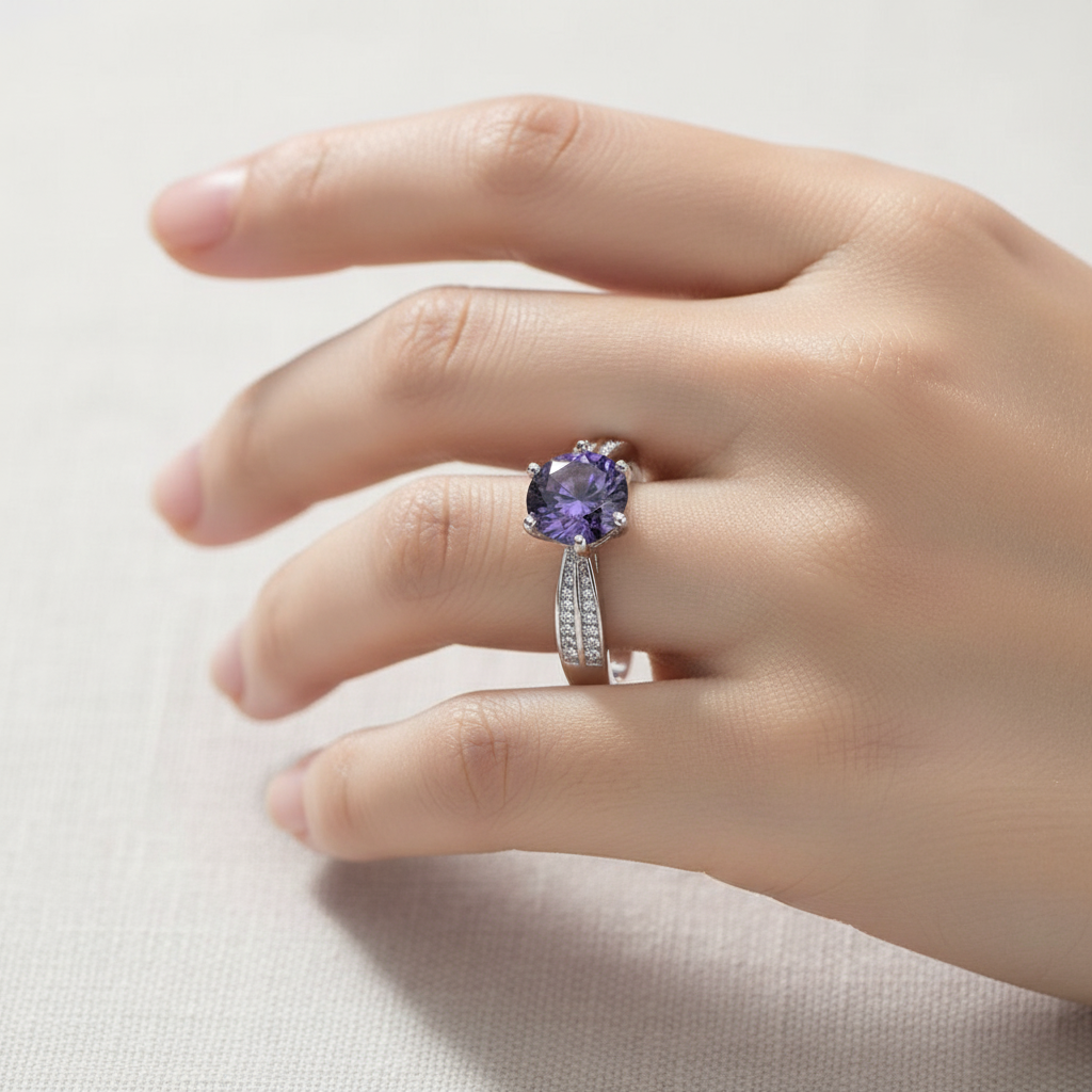 Midnight Violet Ring – lifestyle on-finger shot