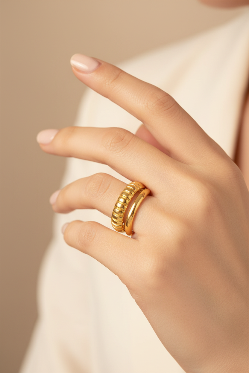 Dual Ridge Cuff Ring on hand