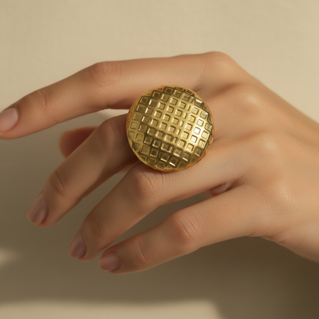 Golden Grid Dome Ring - On Hand
